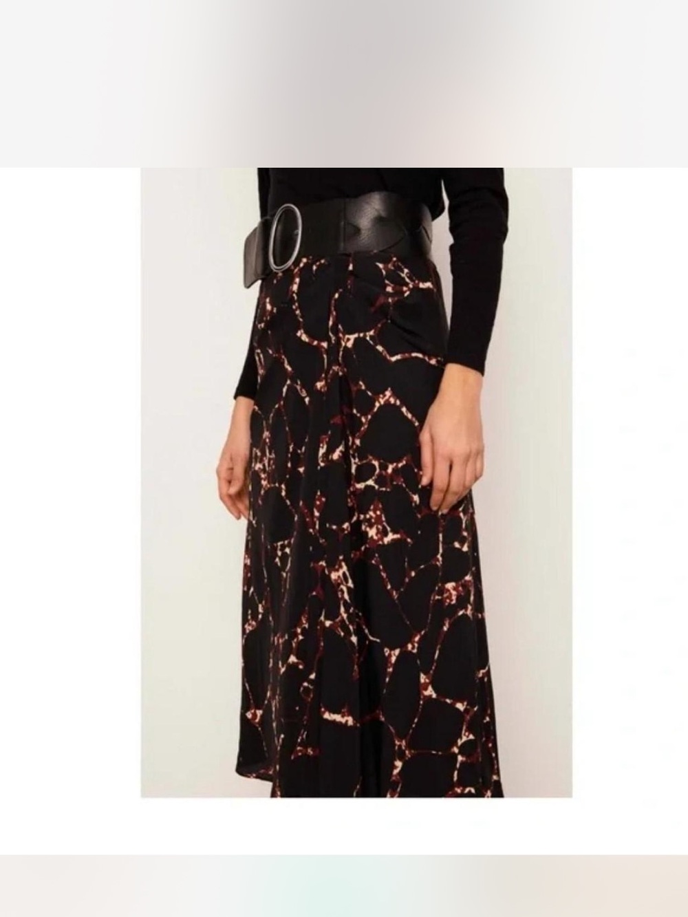 ba&sh Black Midi Skirt with Rust-Cream Abstract Print